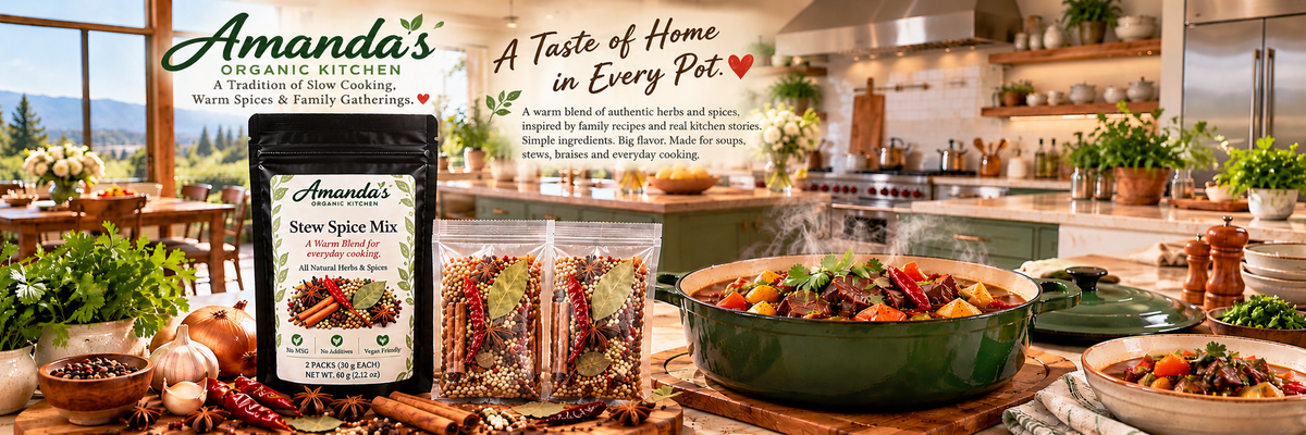 Kitchen lifestyle banner for Stew Spice Mix: one black outer pouch and two clear 30 g inner packets