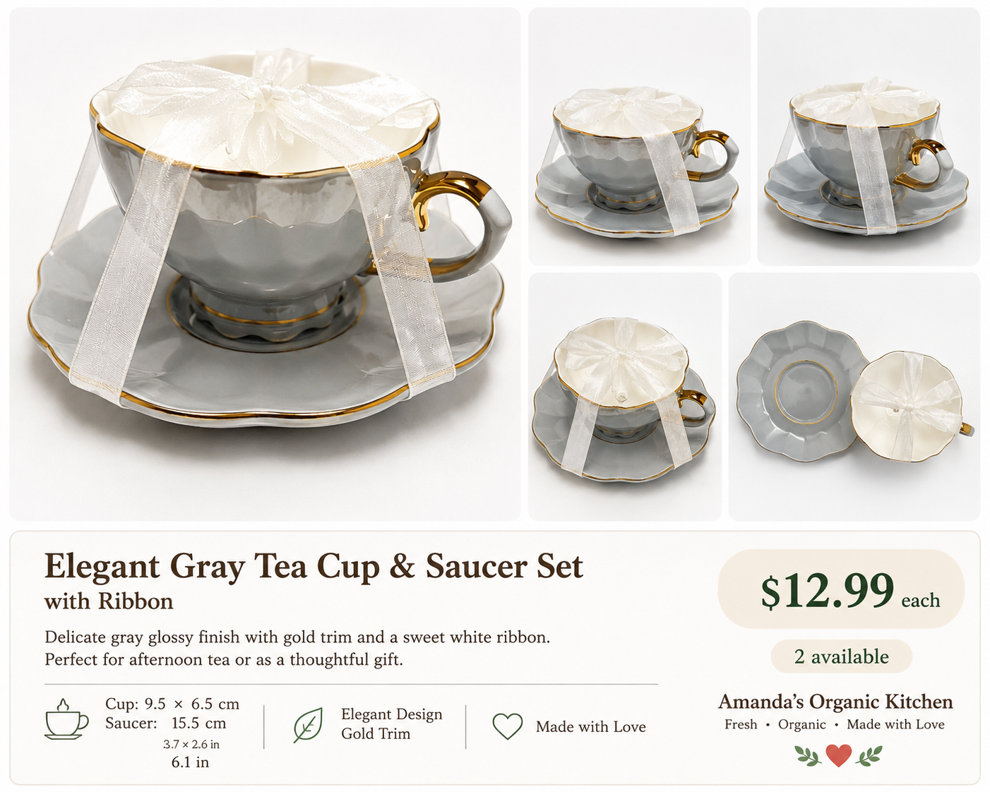Elegant Gray & Gold Tea Cup and Saucer