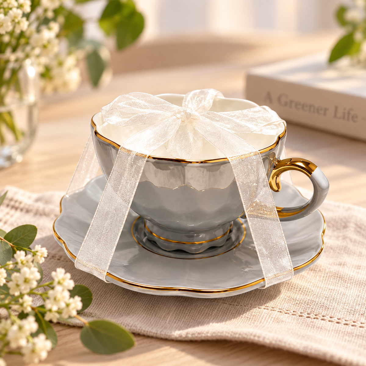 Elegant Gray & Gold Tea Cup and Saucer