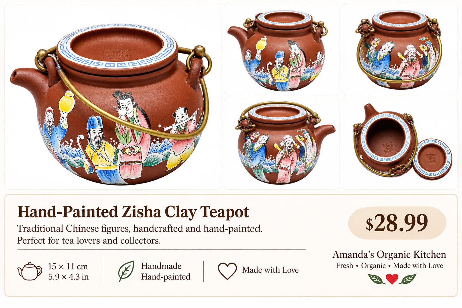 Hand-Painted Clay Teapot with Metal Handle