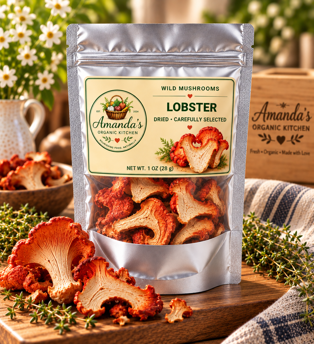 Amanda's Organic Kitchen dried wild lobster mushrooms, product package